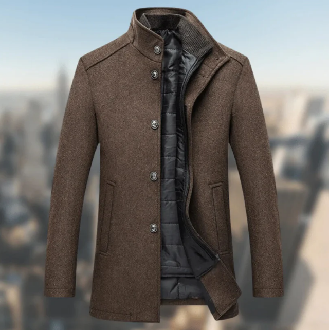 Men’s Wool-Blend Stand Collar Coat | Midweight Fall Jacket | Button-Up Front