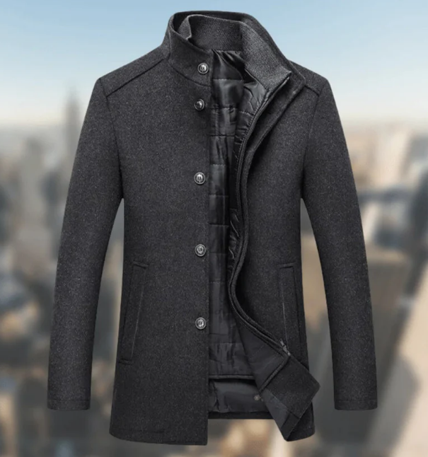 Manteau homme en laine mélangée | Col montant | Fermeture boutonnée mi-longue