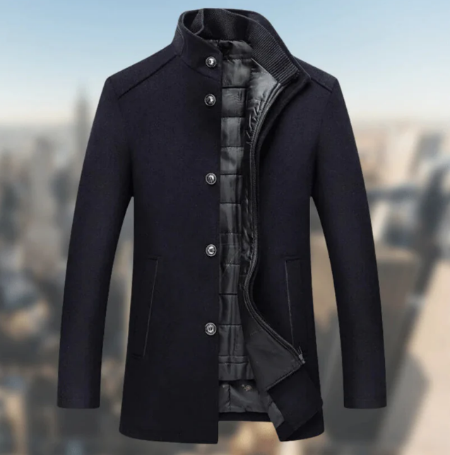 Men’s Wool-Blend Stand Collar Coat | Midweight Fall Jacket | Button-Up Front