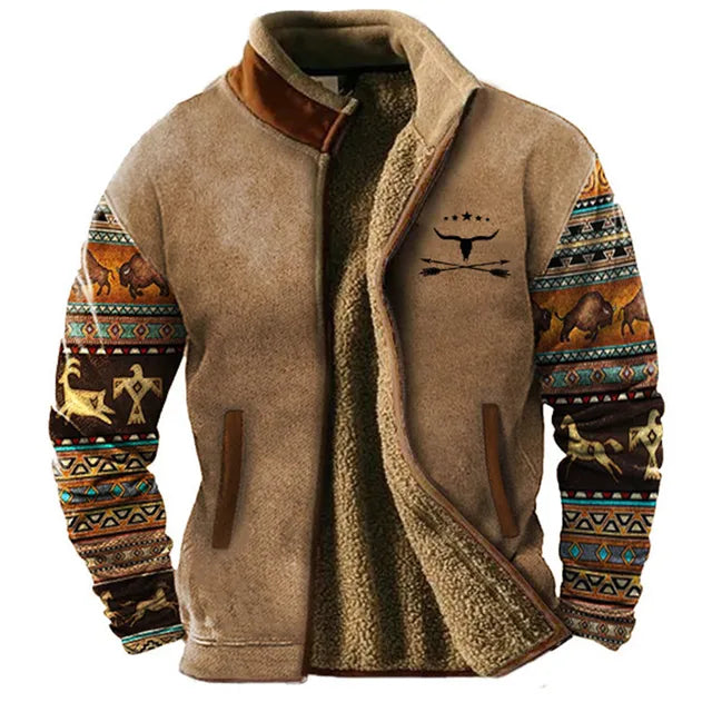 Men’s Sherpa-Lined Fleece Jacket | Tribal Print Yoke | Winter Warm Outerwear