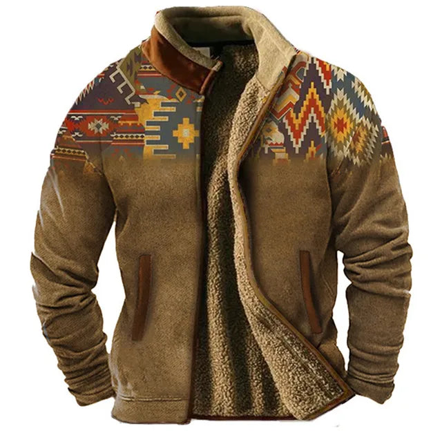 Men’s Sherpa-Lined Fleece Jacket | Tribal Print Yoke | Winter Warm Outerwear