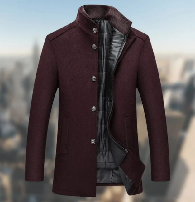Men’s Wool-Blend Stand Collar Coat | Midweight Fall Jacket | Button-Up Front