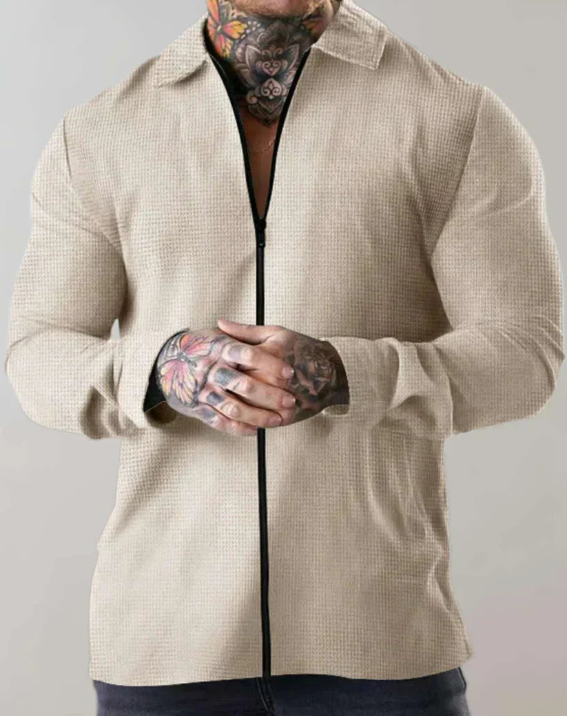 Men's Textured Zip Shirt | Slim-Fit Long Sleeve Streetwear Top