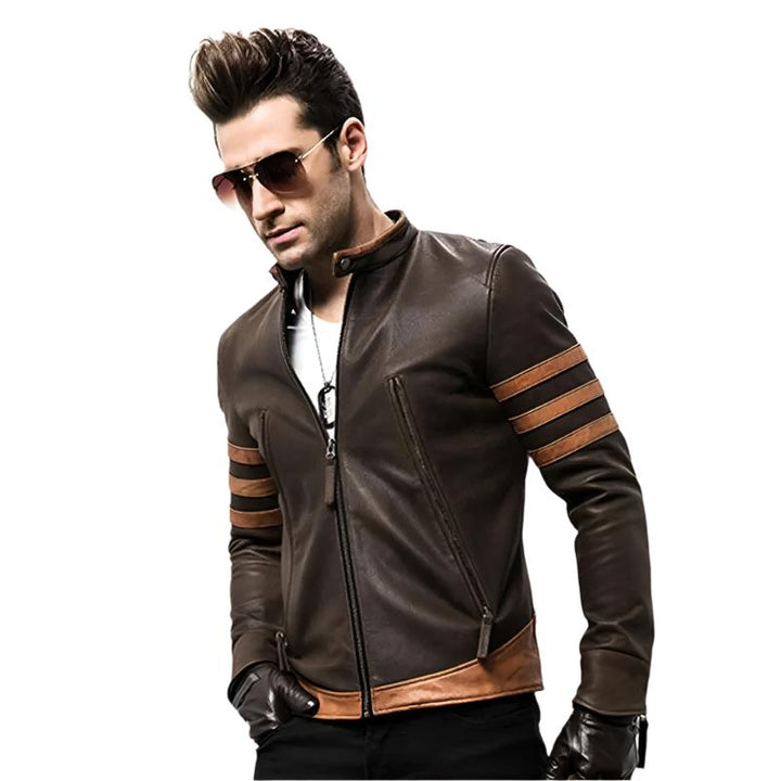 Men’s Brown Moto Faux Leather Jacket | Stripe Sleeve Detail | Casual Outerwear Canada