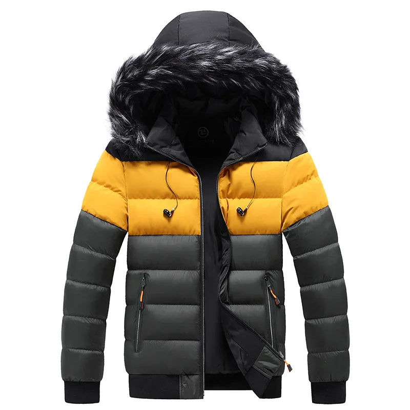 Men's Colourblock Puffer Jacket | Faux Fur Hood & Insulated Winter Warmth