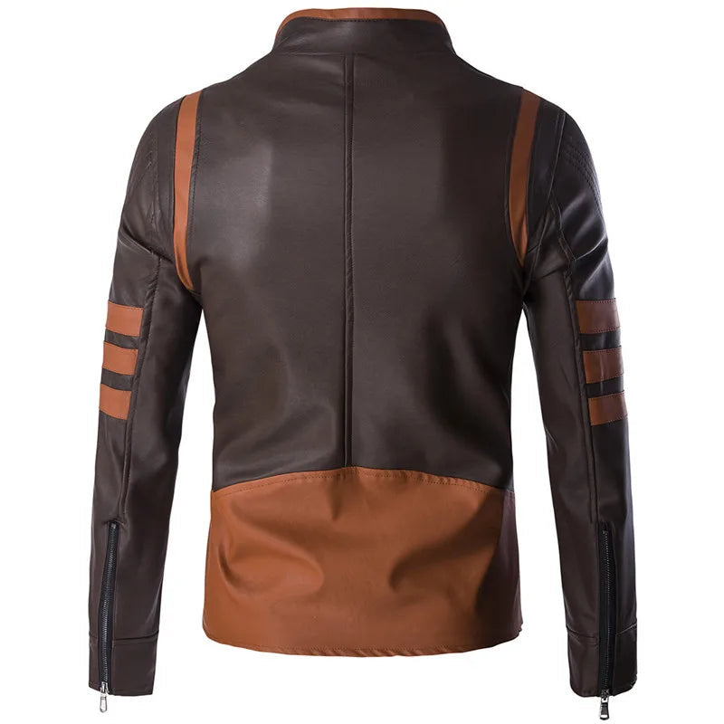 Men’s Brown Moto Faux Leather Jacket | Stripe Sleeve Detail | Casual Outerwear Canada
