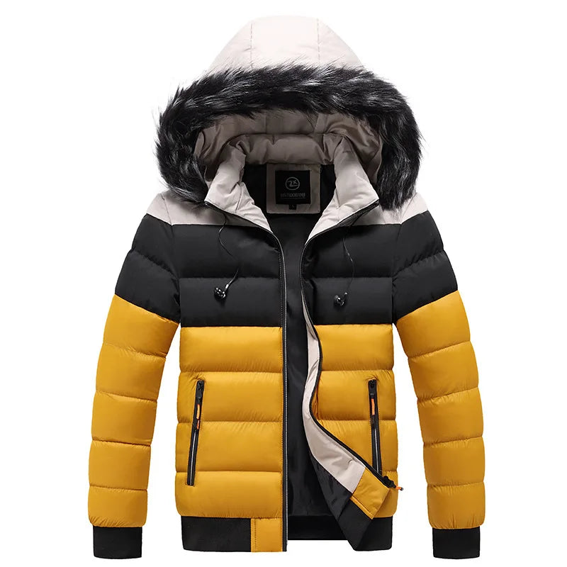 Men's Colourblock Puffer Jacket | Faux Fur Hood & Insulated Winter Warmth