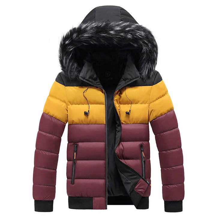 Men's Colourblock Puffer Jacket | Faux Fur Hood & Insulated Winter Warmth