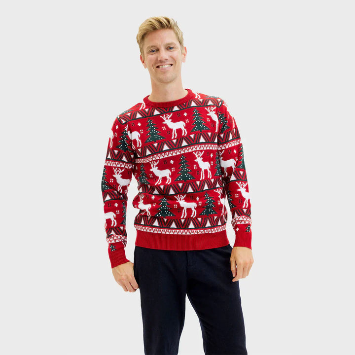 Pull col rond homme pour les fêtes | Motif rennes festifs | Pull d'hiver en maille