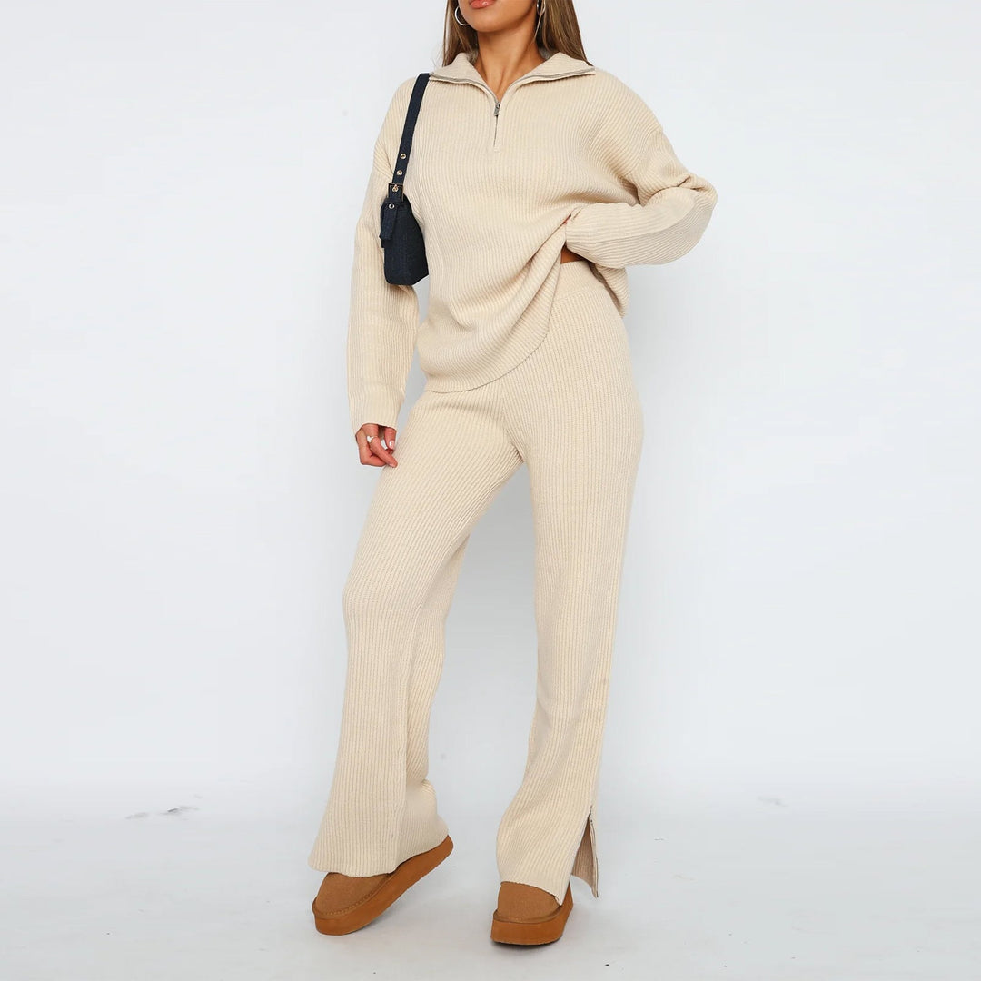 Knitted Lounge Set | Zip-Up Pullover & Wide-Leg Pants | Cozy and Stylish