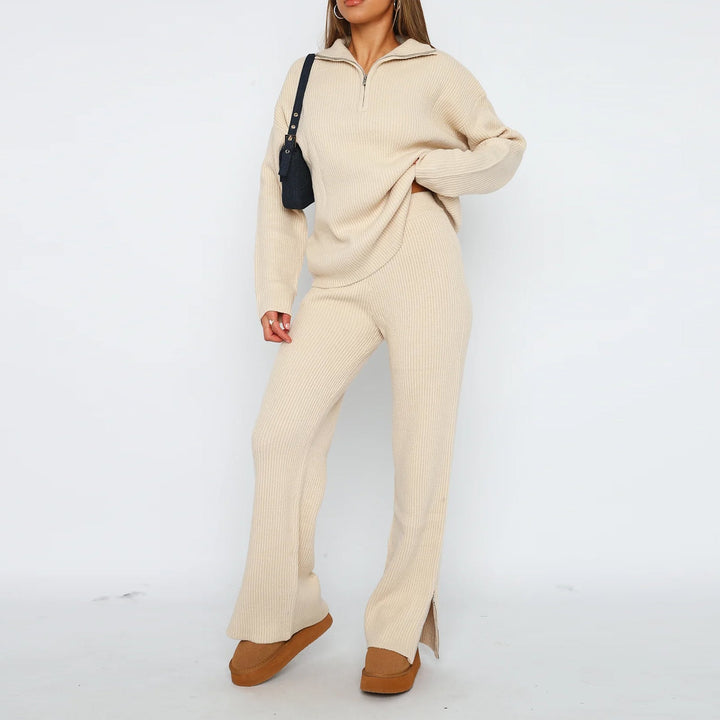 Knitted Lounge Set | Zip-Up Pullover & Wide-Leg Pants | Cozy and Stylish