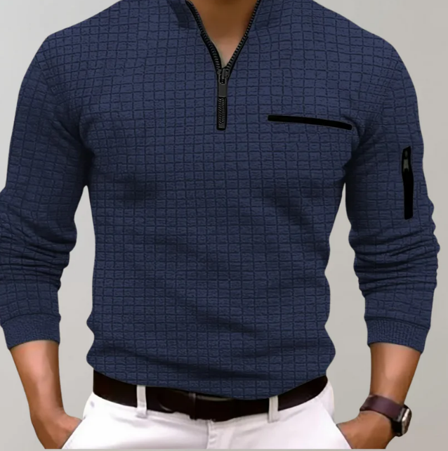 Men's Grid Knit Pullover | Zip Collar | Lightweight Long Sleeve Top