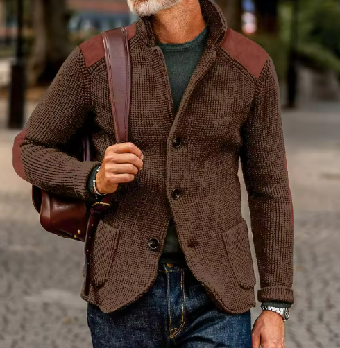 Blazer en maille à épaule contrastée | Veste à boutons texturée | Superposition élégante et décontractée