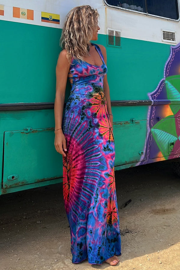 Junaria - Tie-dye print maxi dress with lace-up back, stretchy (with built-in bra)
