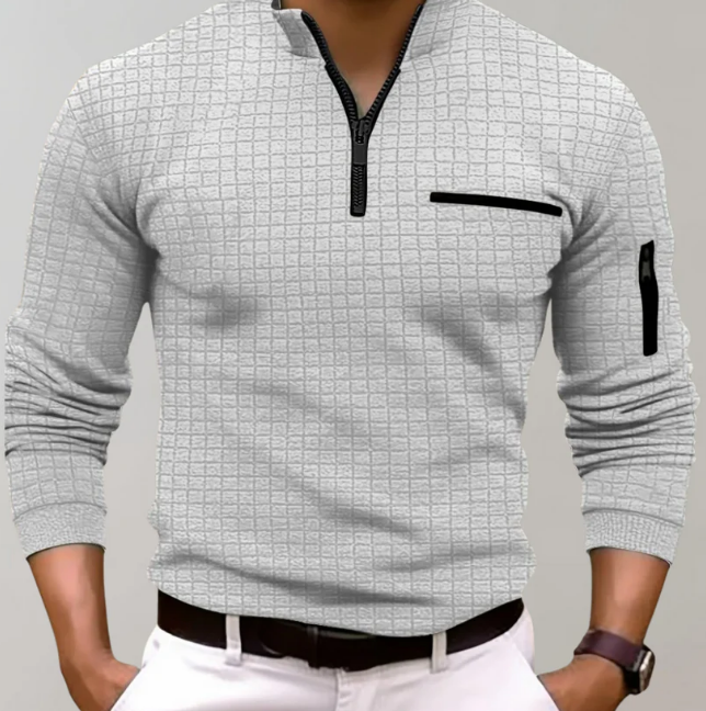 Men's Grid Knit Pullover | Zip Collar | Lightweight Long Sleeve Top