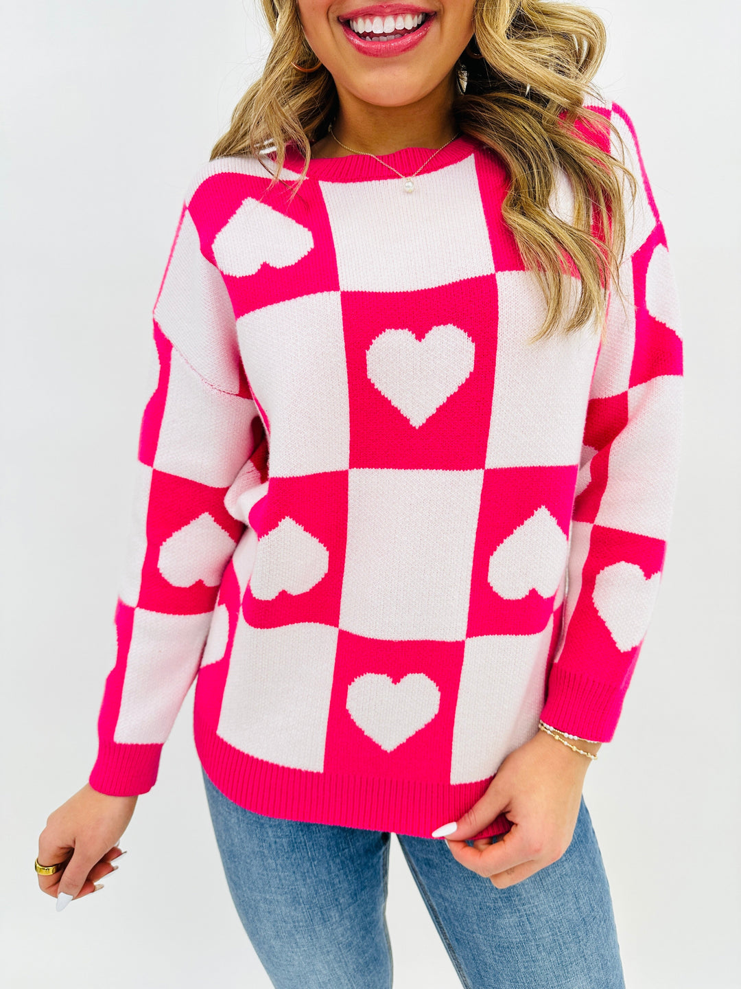 Ottilie - Valentine's Day Sweater with Checkered Hearts