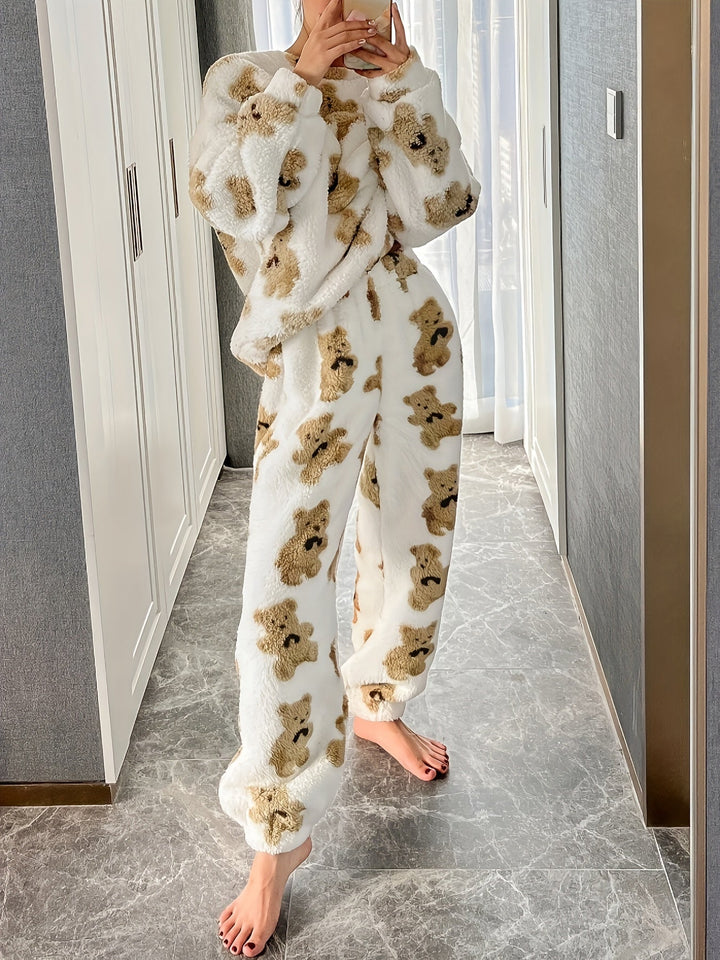 Teddy Bear Print Lounge Set | Ivory & Tan | Ultra-Soft Nylon | Cozy Loungewear