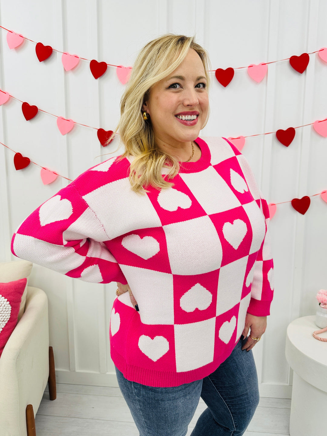 Ottilie - Valentine's Day Sweater with Checkered Hearts