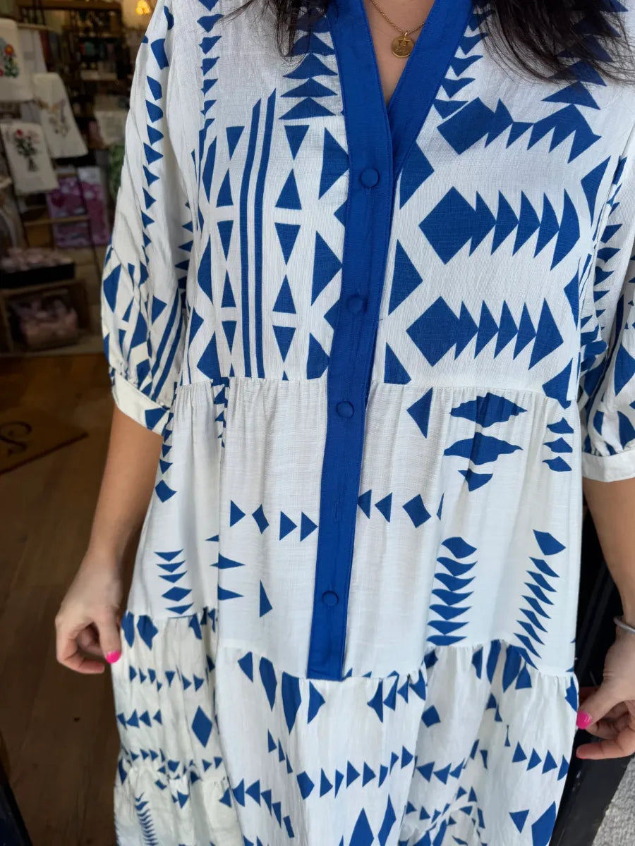 Lorelei - Geometric Button-Down V-Neck Dress