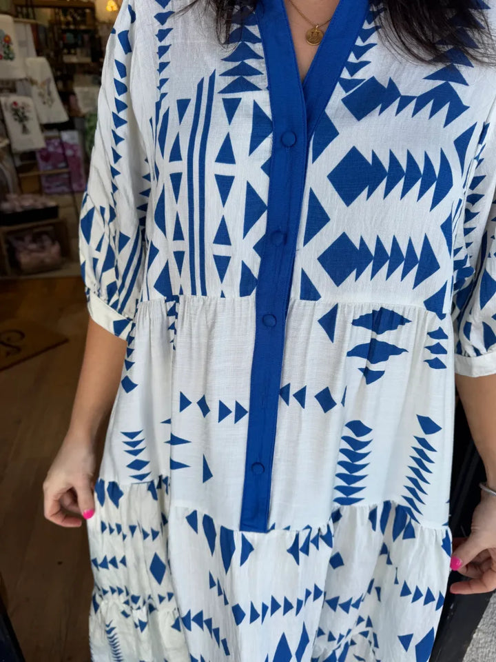 Lorelei - Geometric Button-Down V-Neck Dress