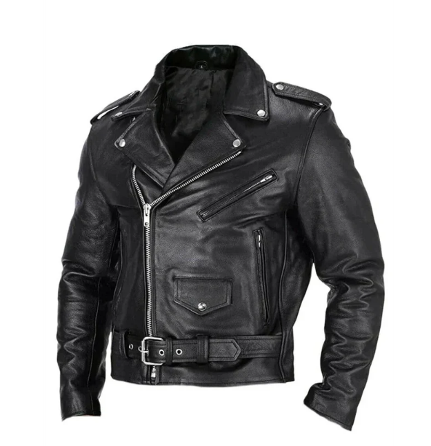 Men’s Biker Leather Jacket | Classic Moto Style | Zip Pockets & Belted Waist