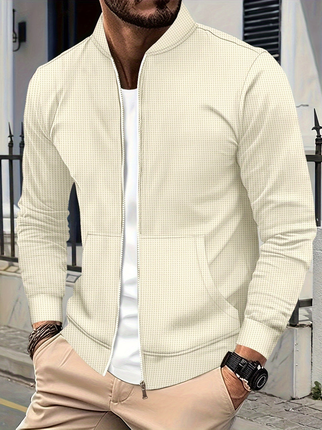 Men's Textured Knit Bomber Jacket | Casual Zip-Up | Lightweight Streetwear Layer