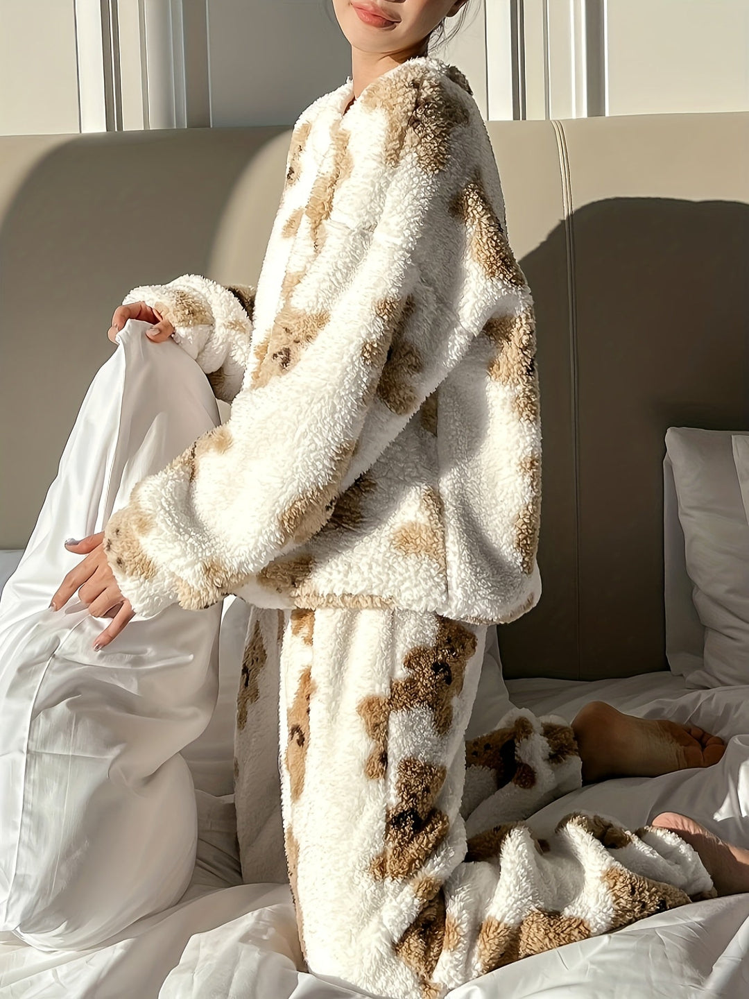 Teddy Bear Print Lounge Set | Ivory & Tan | Ultra-Soft Nylon | Cozy Loungewear