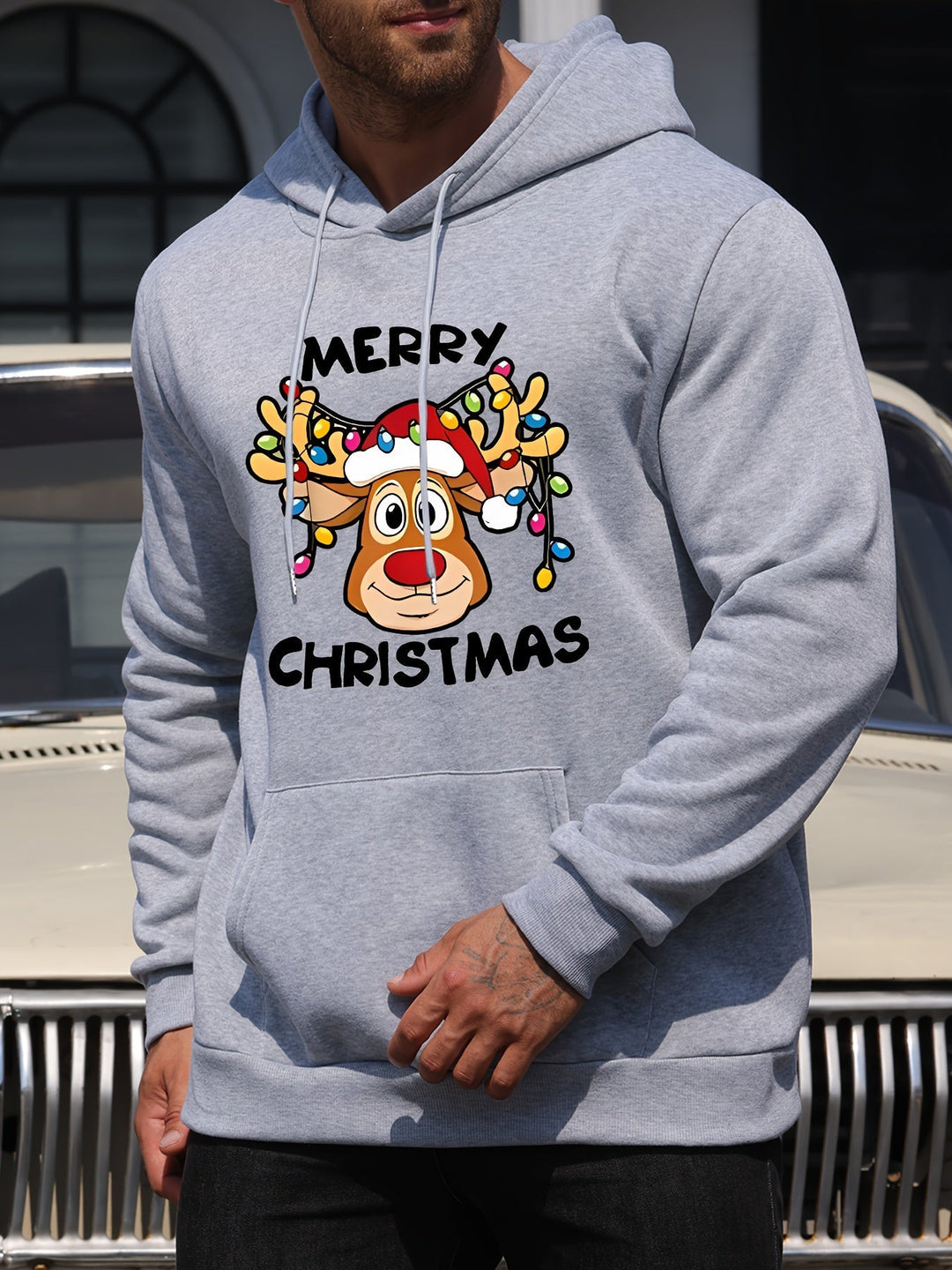 Men's Holiday Hoodie | Graphic Reindeer Print | Fleece Pullover Fit