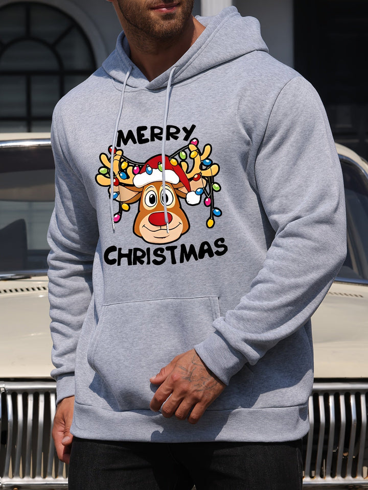 Men's Holiday Hoodie | Graphic Reindeer Print | Fleece Pullover Fit