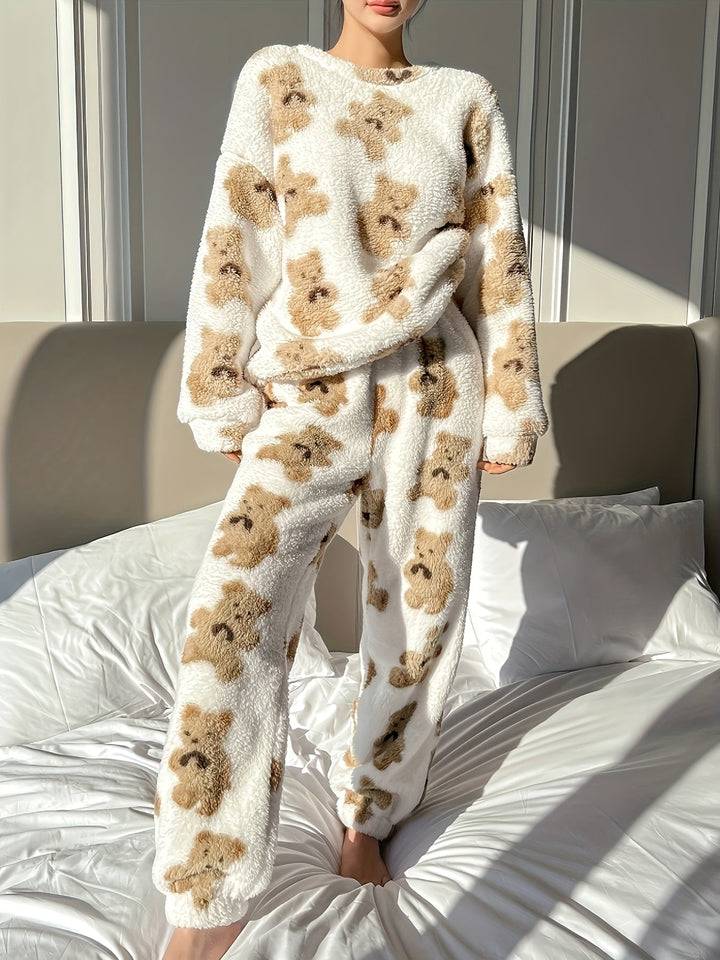 Teddy Bear Print Lounge Set | Ivory & Tan | Ultra-Soft Nylon | Cozy Loungewear