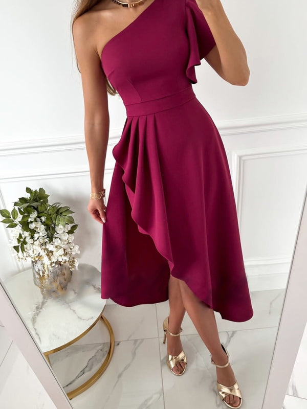 Honara - Elegant One Shoulder Solid Color Dress