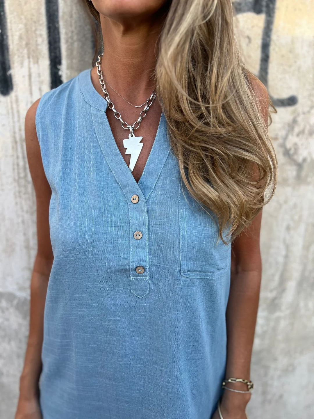 Nerelle - Robe décontractée en coton et lin avec col en V et poche latérale