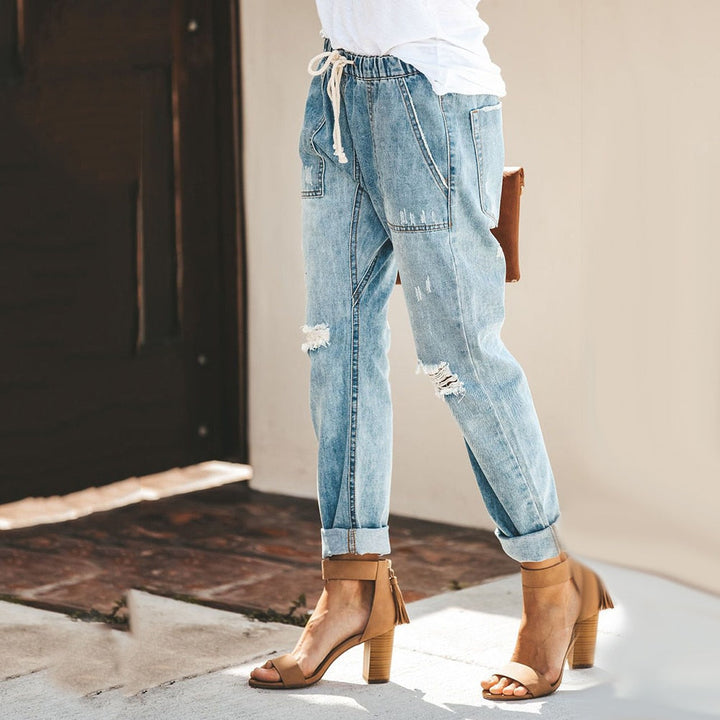 Pantalon de jogging en denim délavé | Jean décontracté à taille élastiquée avec cordon de serrage | Coupe streetwear décontractée