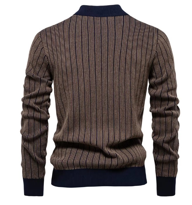 Men’s Striped Knit Sweater | Ribbed Texture | Contrast Trim Crewneck