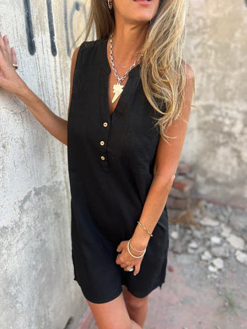 Nerelle - Robe décontractée en coton et lin avec col en V et poche latérale