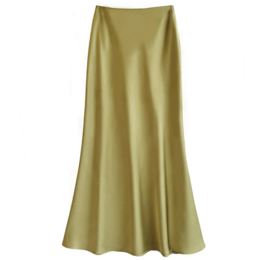 Satin Midi Skirt | Bias-Cut Flow | High-Waist Slip-On Design
