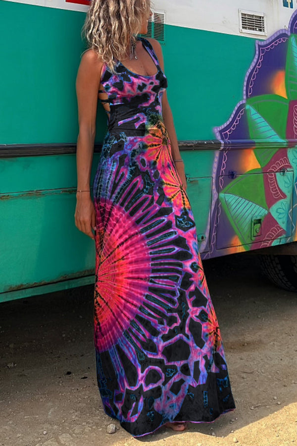 Junaria - Tie-dye print maxi dress with lace-up back, stretchy (with built-in bra)