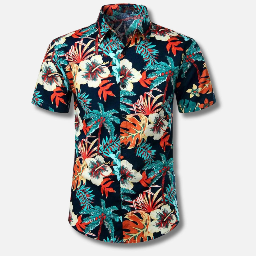 Men's Short Sleeve Button-Up Shirt | Lightweight Cotton Blend | Tropical Floral Print