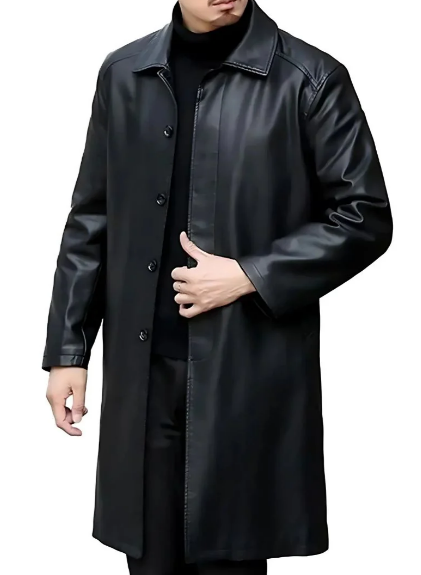 Men’s Long Faux Leather Coat | Button Front | Classic Mid-Length Outerwear