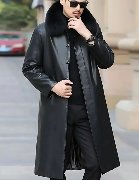 Men’s Long Faux Leather Coat | Button Front | Classic Mid-Length Outerwear