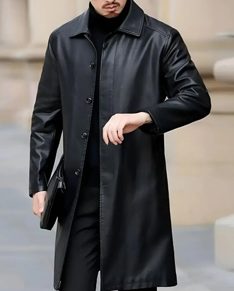 Men’s Long Faux Leather Coat | Button Front | Classic Mid-Length Outerwear