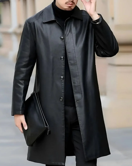 Men’s Long Faux Leather Coat | Button Front | Classic Mid-Length Outerwear