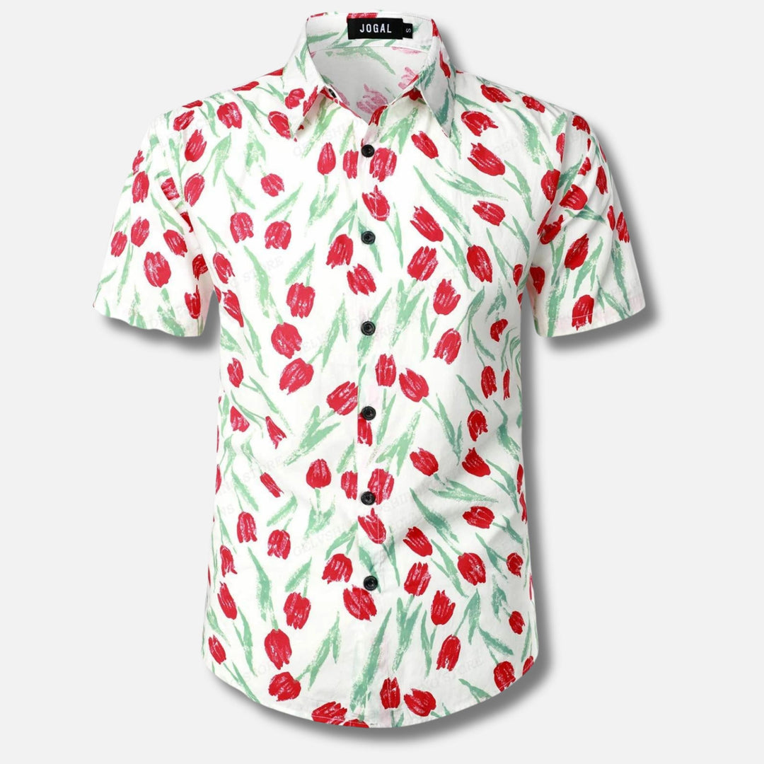 Men's Short Sleeve Button-Up Shirt | Lightweight Cotton Blend | Tropical Floral Print