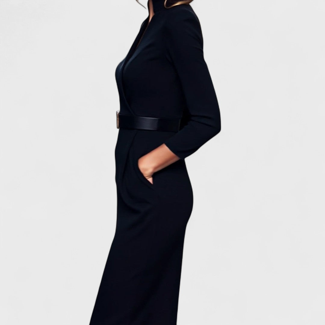 Irielle - Elegant Black Dress with Belt and Mao Collar
