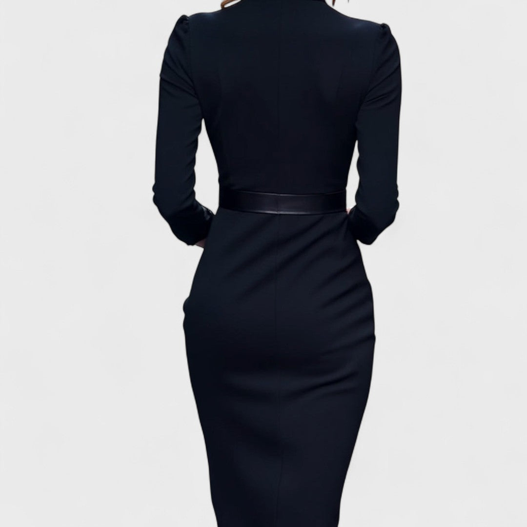 Irielle - Elegant Black Dress with Belt and Mao Collar