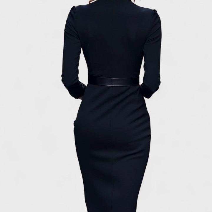 Irielle - Elegant Black Dress with Belt and Mao Collar
