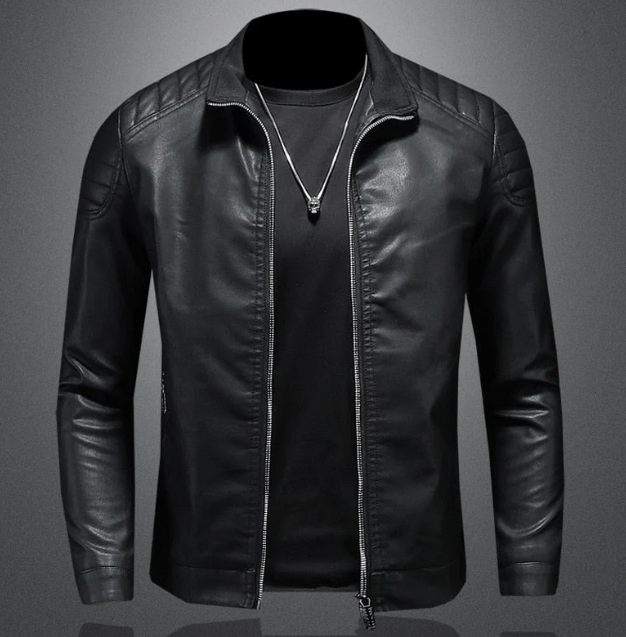 Men’s Slim Fit Moto Jacket | Blue Faux Leather with Zip Detail