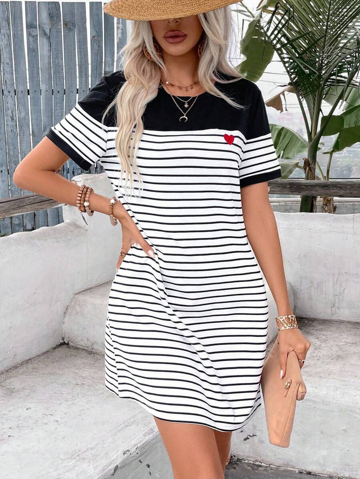 Leina - Casual Striped Dress with Heart Patchwork Print