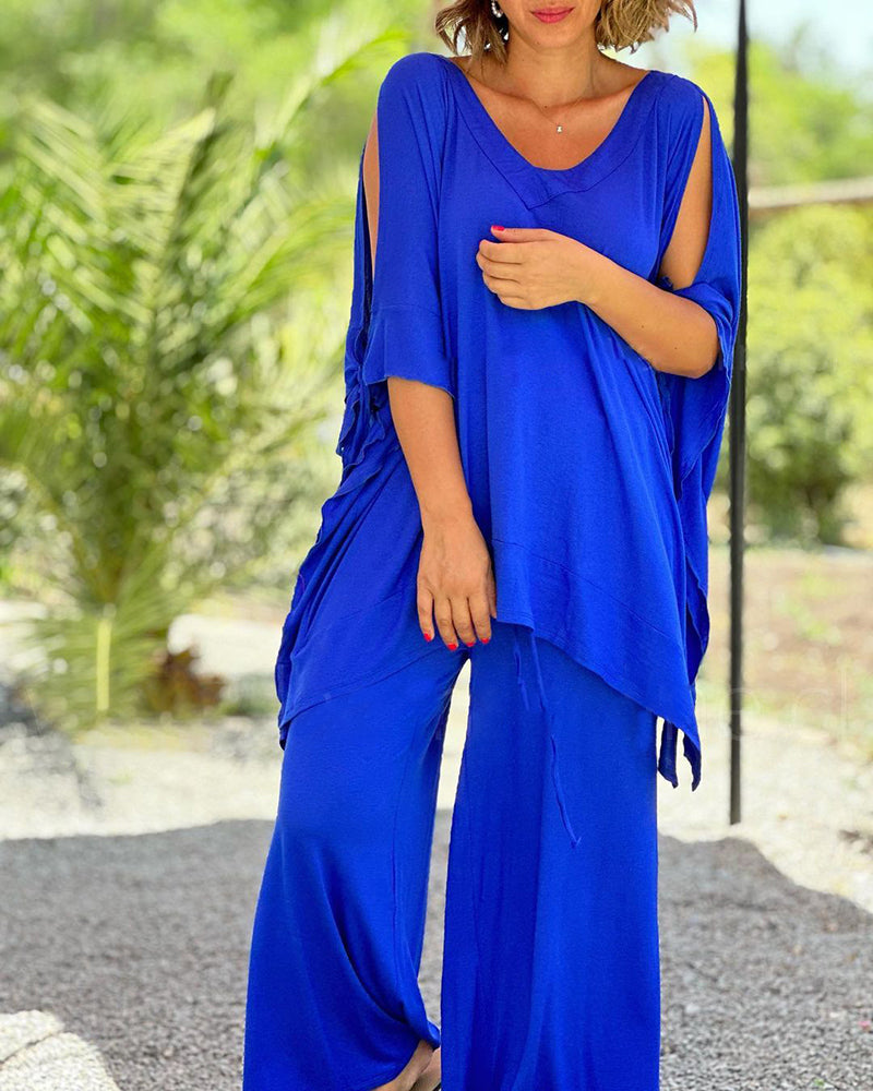 Ginevra - Casual Two-Piece V-Neck and Wide-Leg Pants Set