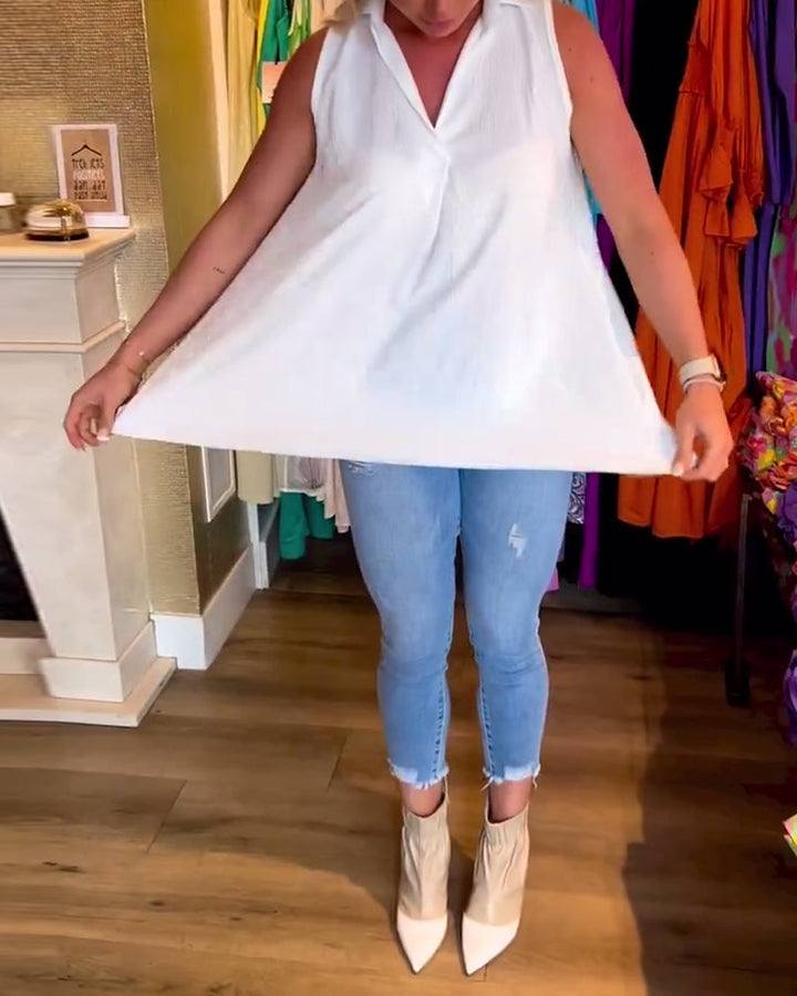 Tahliana - Sleeveless Top with Subtle Ruffles and Elegant Lapels